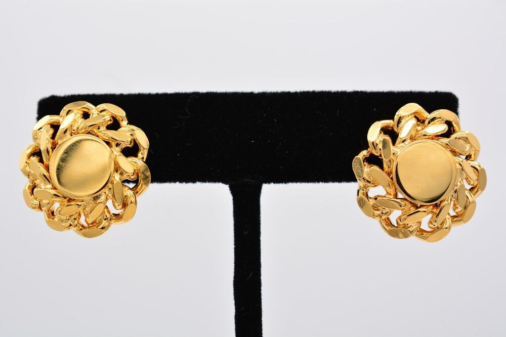 Vintage Round Clip On Earrings Quality Gold Chain Heavy Retro NOS 1980s BinA16
